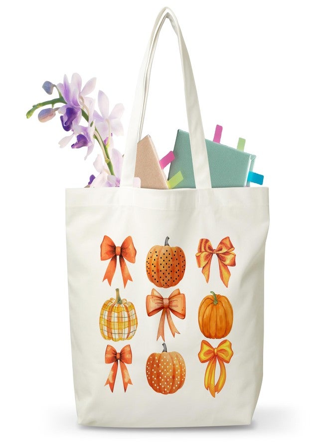 JUSITAKEET Bow Pumpkin Themed Canvas Tote Bag, Fall Gifts Bag For Women Men, Plain Pumpkin Canvas Shoulder Tote For Thanksgiving, Washable And Reusable Bags, 02 - Image 1